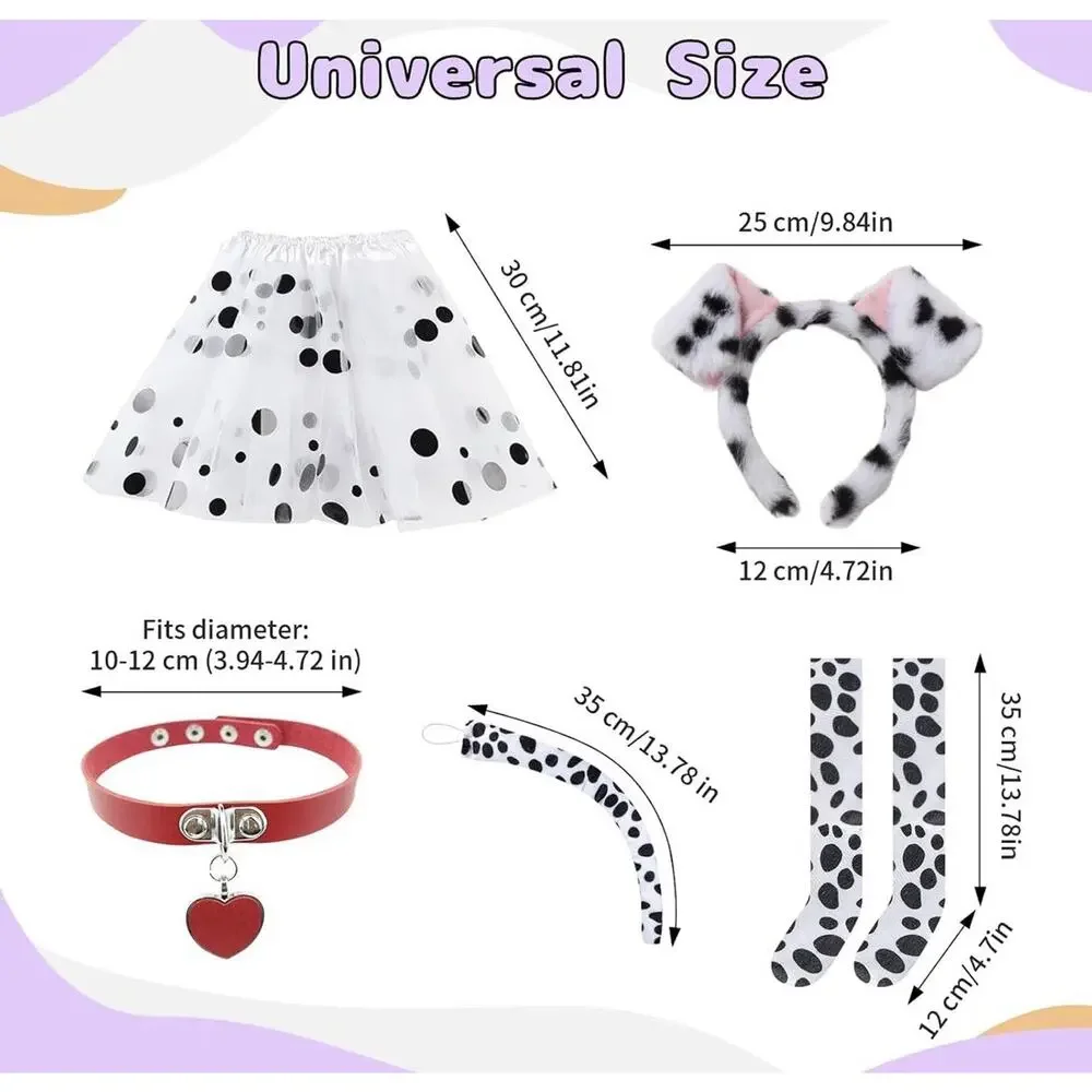 101 Dalmatian Costume For Kids Girls Shirt Outfit Ears Headband Socks S (5-7 Yrs
